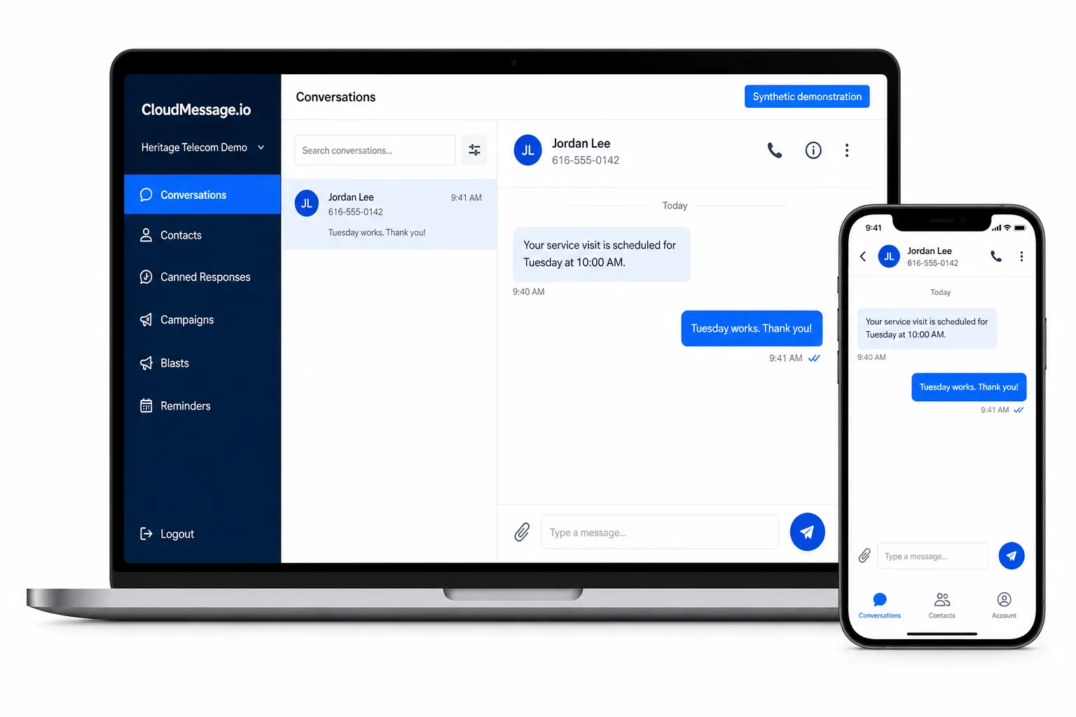 Synthetic CloudMessage.io desktop and mobile messaging interface showing a fictional service appointment conversation